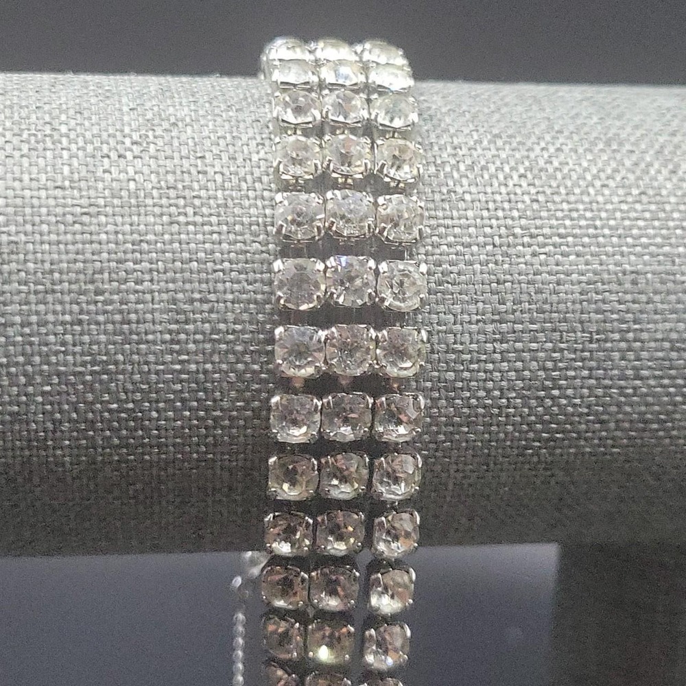 Vintage Silver Tone 3 Row Clear Rhinestone Bracelet Size 7 Old Hollywood Glamour